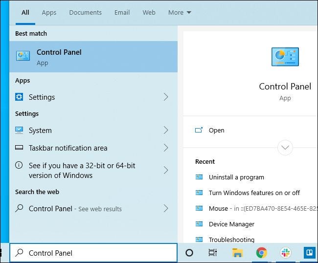 Inicie el Panel de control desde el menú Inicio de Windows 10