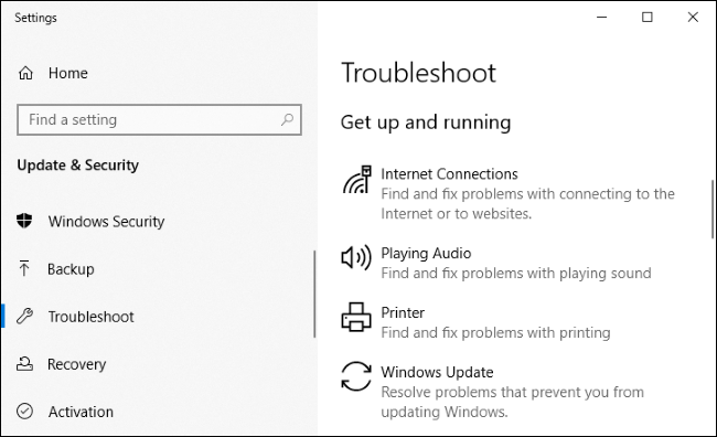 Herramientas de solución de problemas en la aplicación Configuración de Windows 10