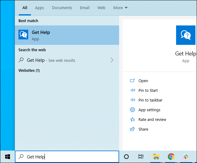 Busque Obtener ayuda en el menú Inicio de Windows 10
