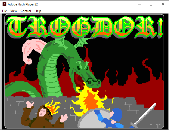 Pantalla de inicio del juego Trogdor en el Adobe Flash Player independiente en Windows