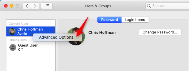 Abra Opciones avanzadas en el grupo Usuarios en macOS.
