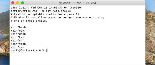 Enumere los shells disponibles en Terminal en macOS Catalina.