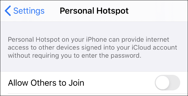 Conmutador de punto de acceso personal en iOS.