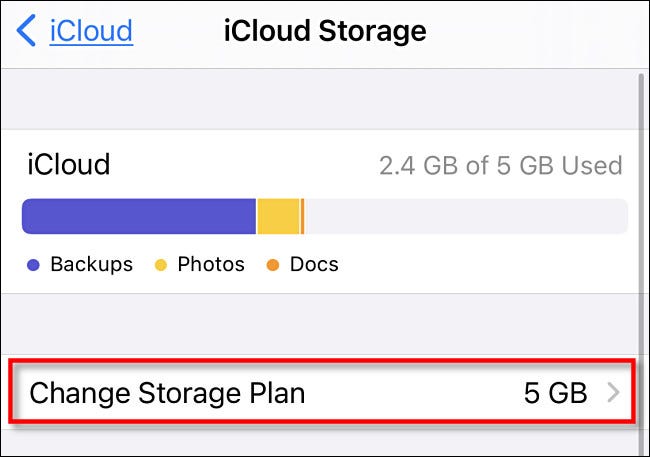 En iCloud Storage, toque Cambiar plan de almacenamiento.