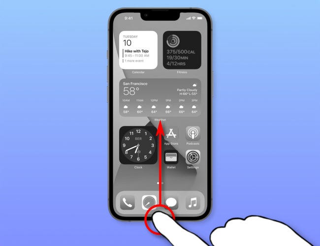 Para iniciar el conmutador de aplicaciones, deslícese hacia arriba desde el borde inferior de la pantalla, deténgase en el medio y levante el dedo.