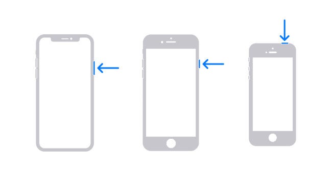 Diagrama que muestra los botones de hardware necesarios para apagar un iPhone.
