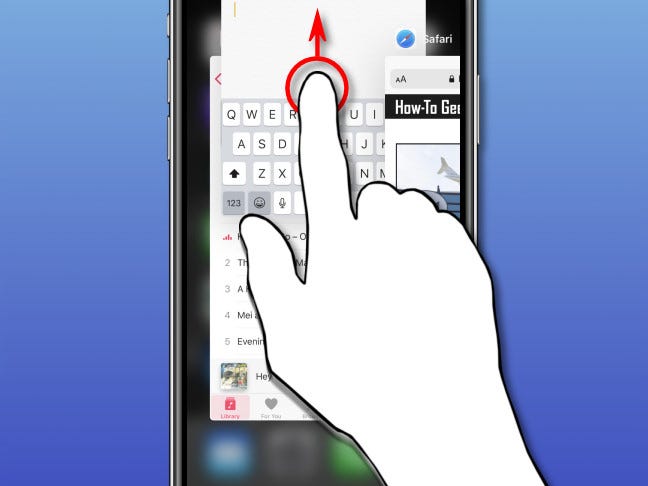 En el conmutador de aplicaciones de iPhone, deslice hacia arriba la miniatura de una aplicación para cerrarla.