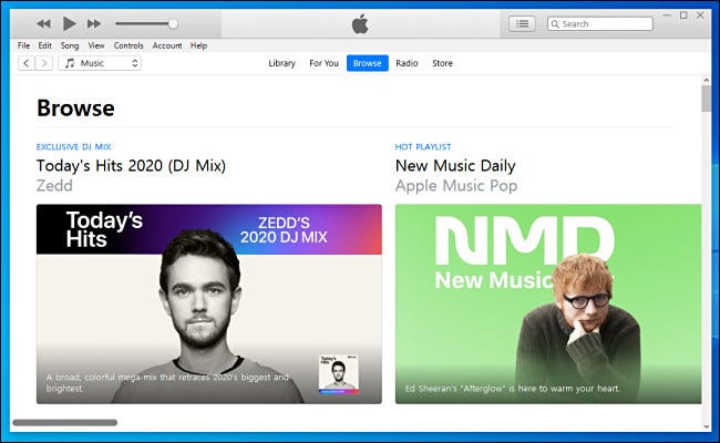 Explore música en iTunes en Windows 10.
