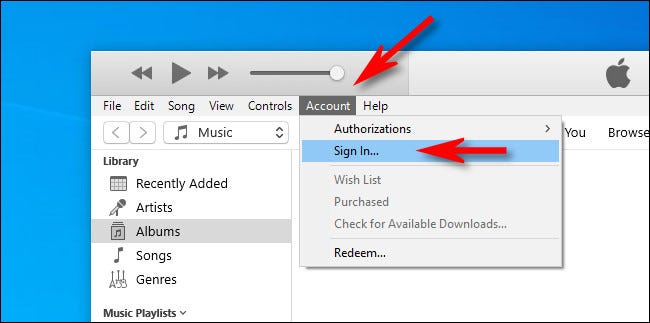 En iTunes para Windows, seleccione Cuenta y, a continuación, seleccione Iniciar sesión.