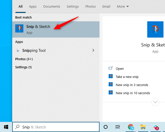 El acceso directo de la aplicación Snip Sketch en el menú Inicio de Windows 10.