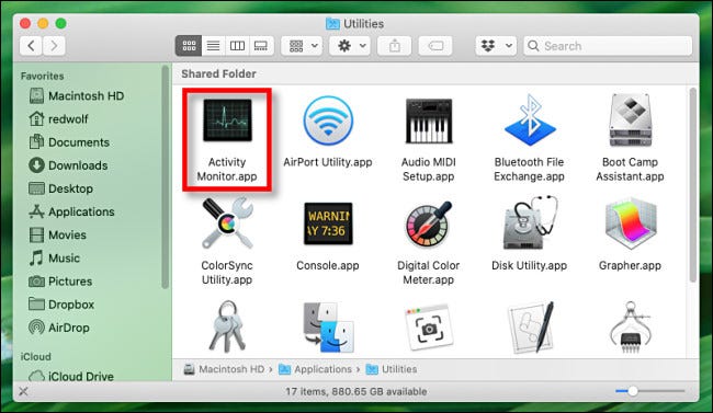 Encuentra el Monitor de actividad en Finder en tu Mac.
