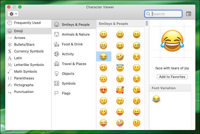 Verifique la ventana del visor de caracteres en la Mac.