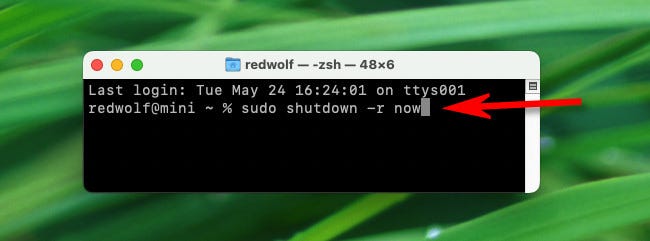 Escribe sudo shutdown -r now en la terminal de Mac y presiona Retorno.