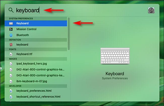 Abra Spotlight en su Mac y escriba una palabra para buscar Preferencias del sistema.