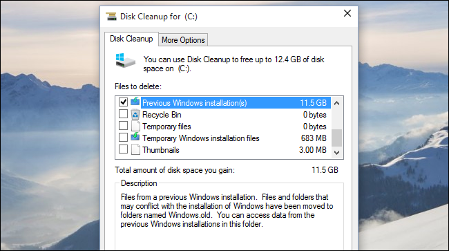 El Liberador de espacio en disco eliminará las carpetas antiguas de Windows.