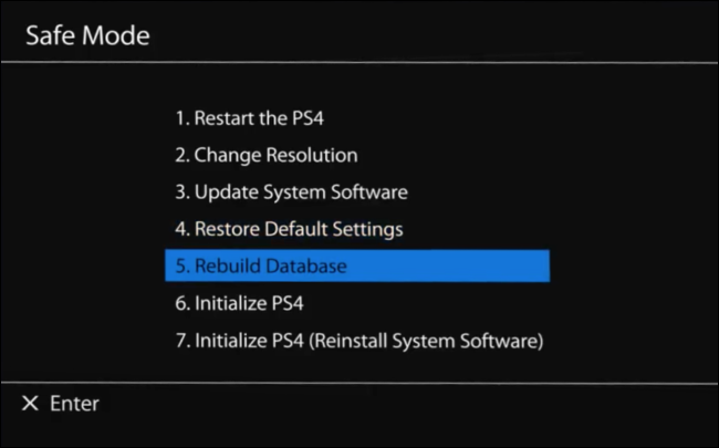 Seleccione 5. Reconstruir base de datos en el menú Modo seguro de PS4.