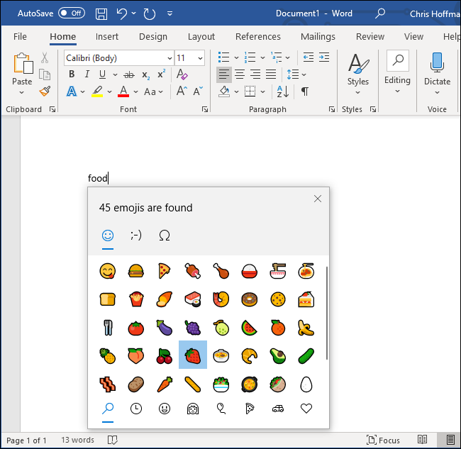 Busque emoji de alimentos en Microsoft Word.