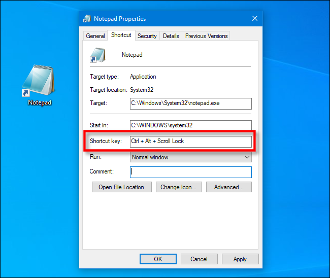 El cuadro Accesos directos en la pestaña Accesos directos en Windows 10.