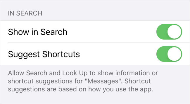 Ajustes de búsqueda de Spotlight Messages en iPhone
