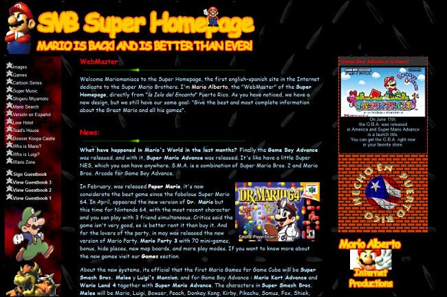 Sitio web SMB Super Homepage en GeoCities.