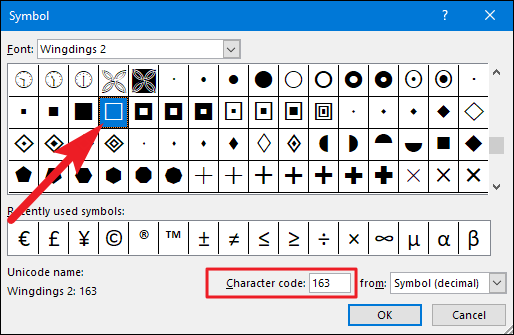 Desplácese hasta que encuentre el carácter de cuadro vacío o ingrese 163 en el cuadro de código de carácter. Luego haga clic en Aceptar.