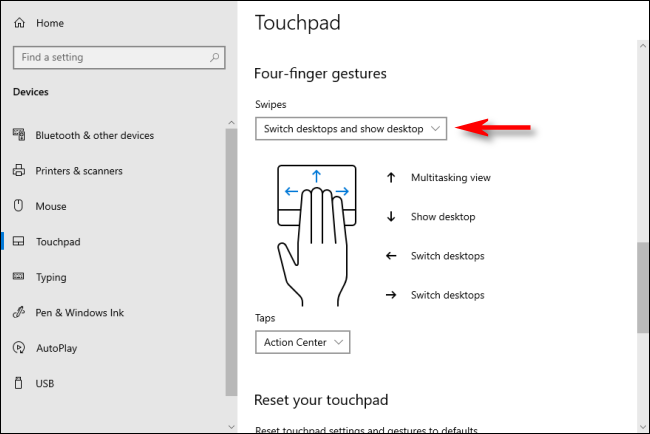 Gesto de panel táctil con cuatro dedos para cambiar de escritorio virtual en Windows 10
