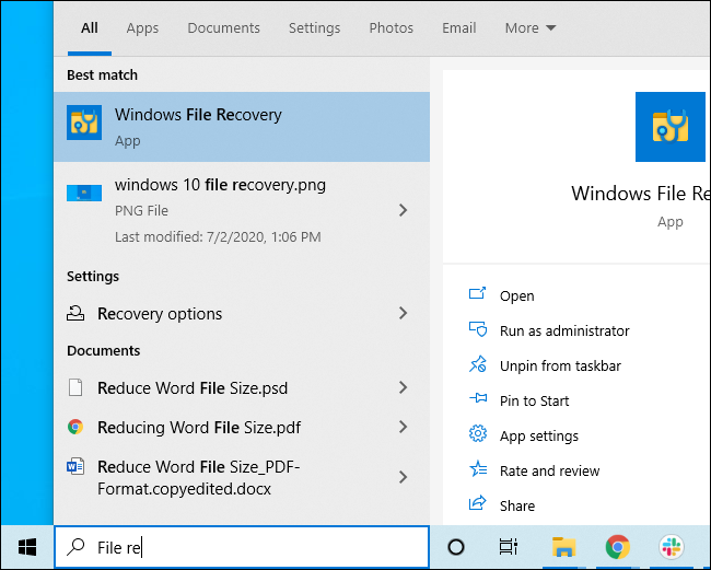 Inicie la recuperación de archivos de Windows desde el menú Inicio