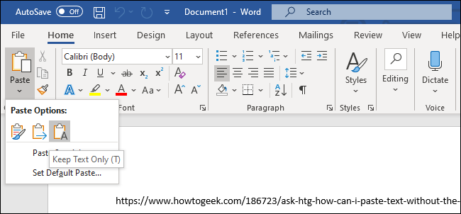 Opción Mantener solo texto para pegar texto en Microsoft Word.