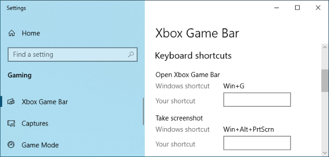 Opciones de Xbox Game Bar en la aplicación Configuración de Windows 10.